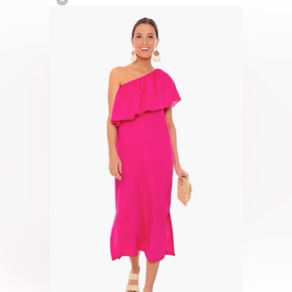 Tuckernuck Pomander Place One-Shoulder Ruffle Midi Dress in Hot Pink. SO cute!!!